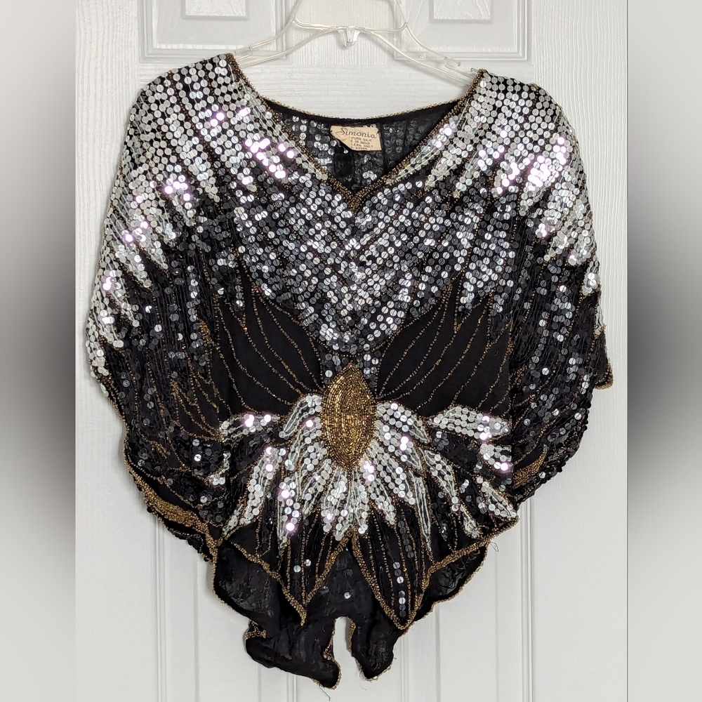 Vintage Women's 100% Silk Sequins & Beaded V-Neck Sleeveless Top/Blouse/Cape